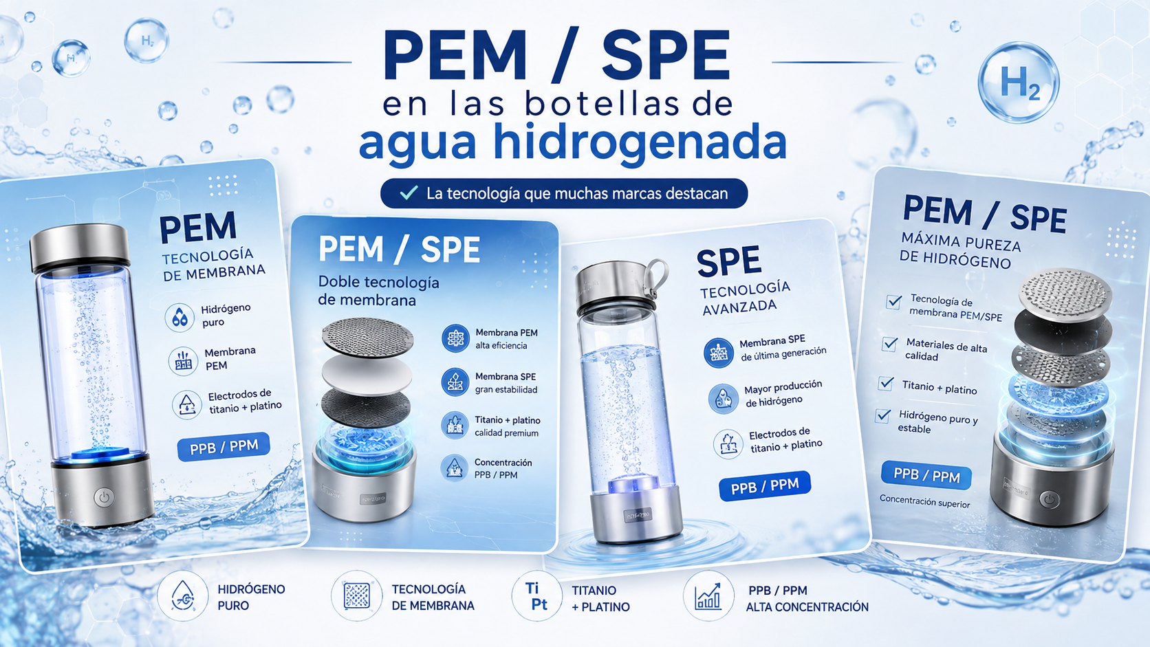 PEM , SPE  y MEMBRANA en agua hidrogenada: qué significan y cómo funcionan